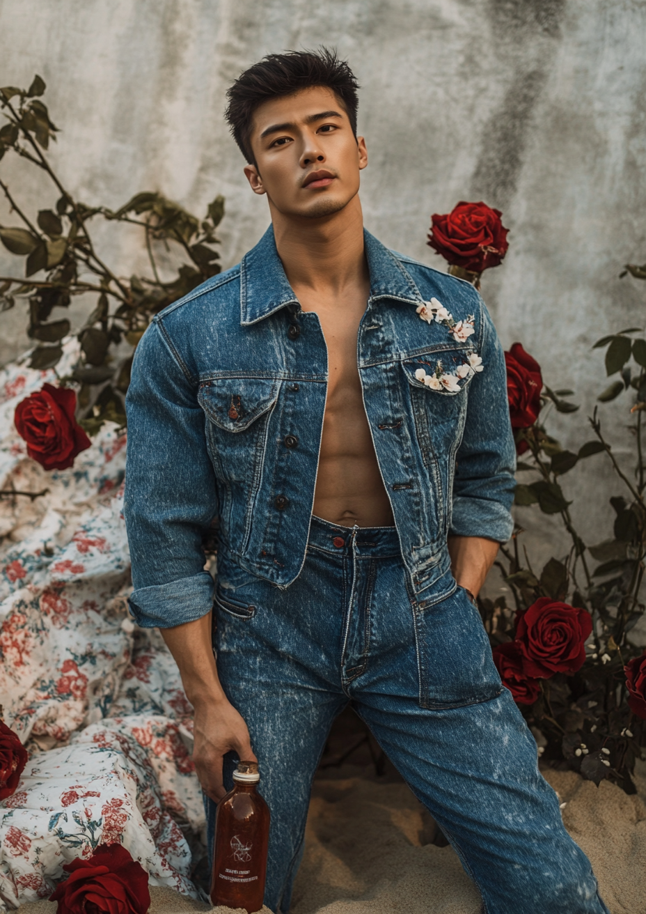 A Handsome Asian Man in Denim Outfit