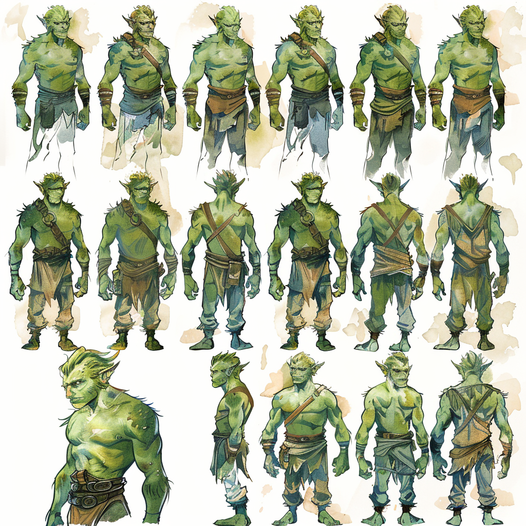 A Handsome Green Half-Orc Character in Poses