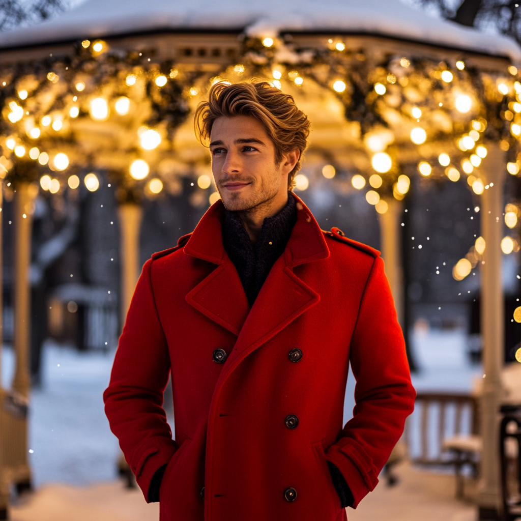 A Handsome Man in Red Coat at Snowy Gazebo