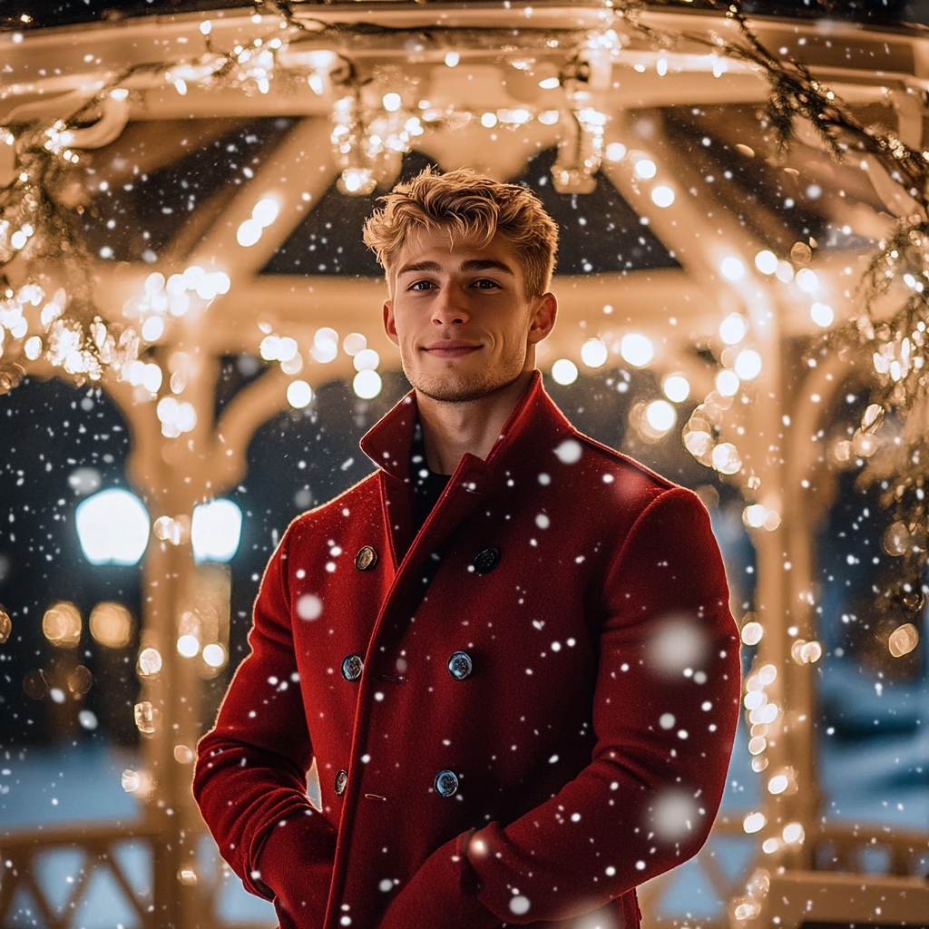 A Handsome Man in Red Coat by Gazebo