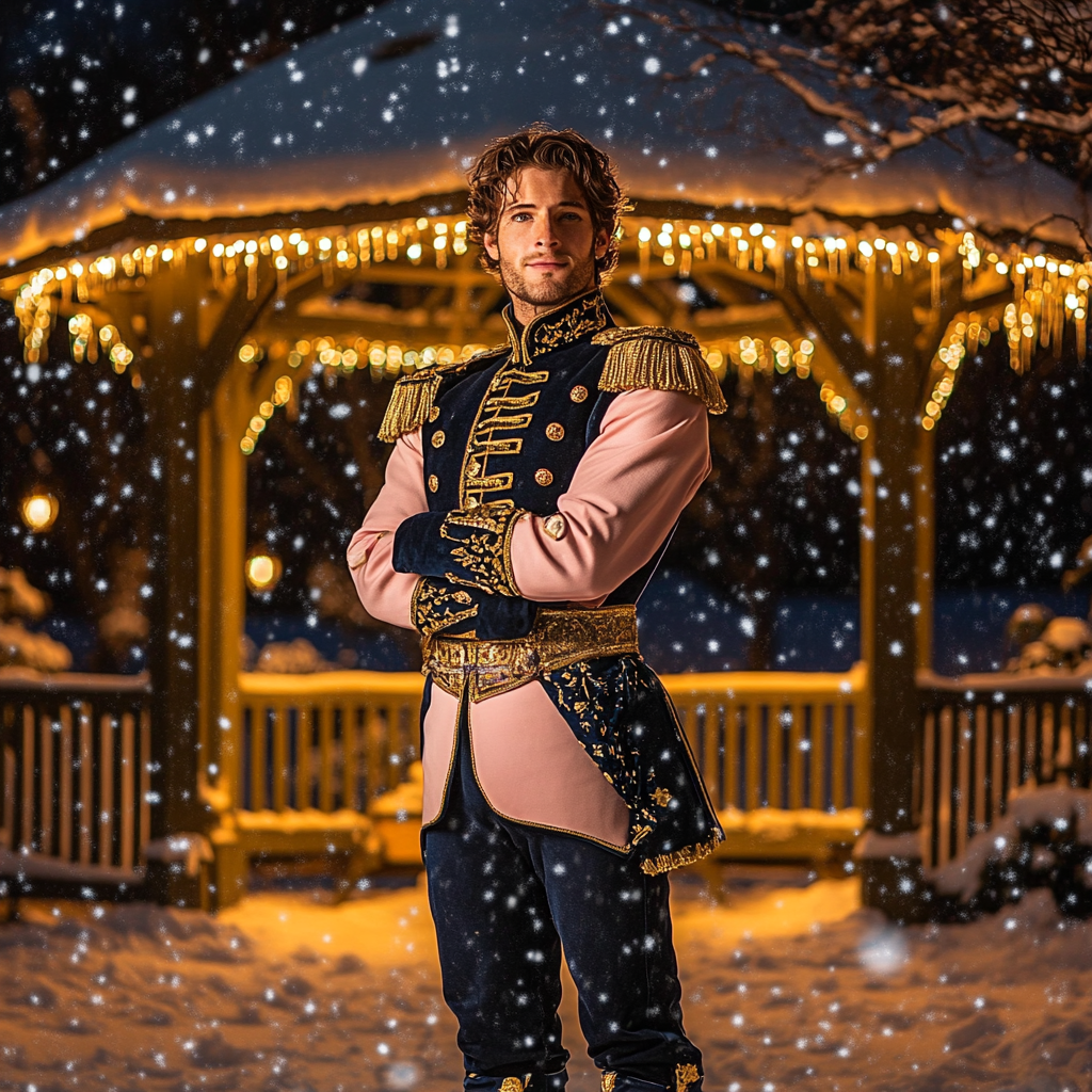 A Handsome Nutcracker Prince Standing by Snowy Gazebo