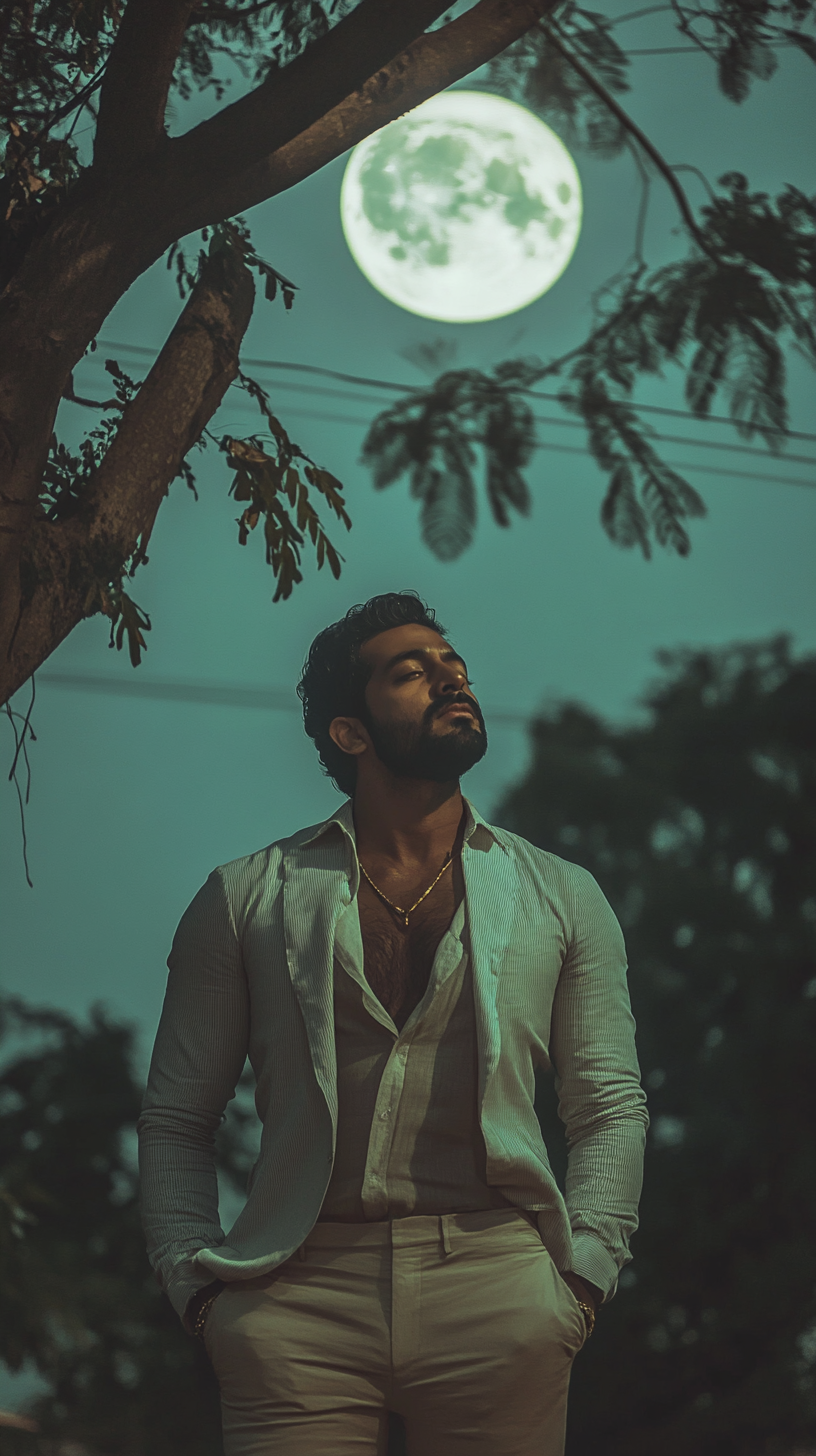 A Handsome Sri Lankan Man Standing under Moonlit Tree