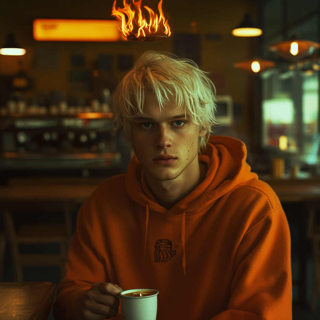 A Handsome Young Man with Firey Hair in Coffee Shop