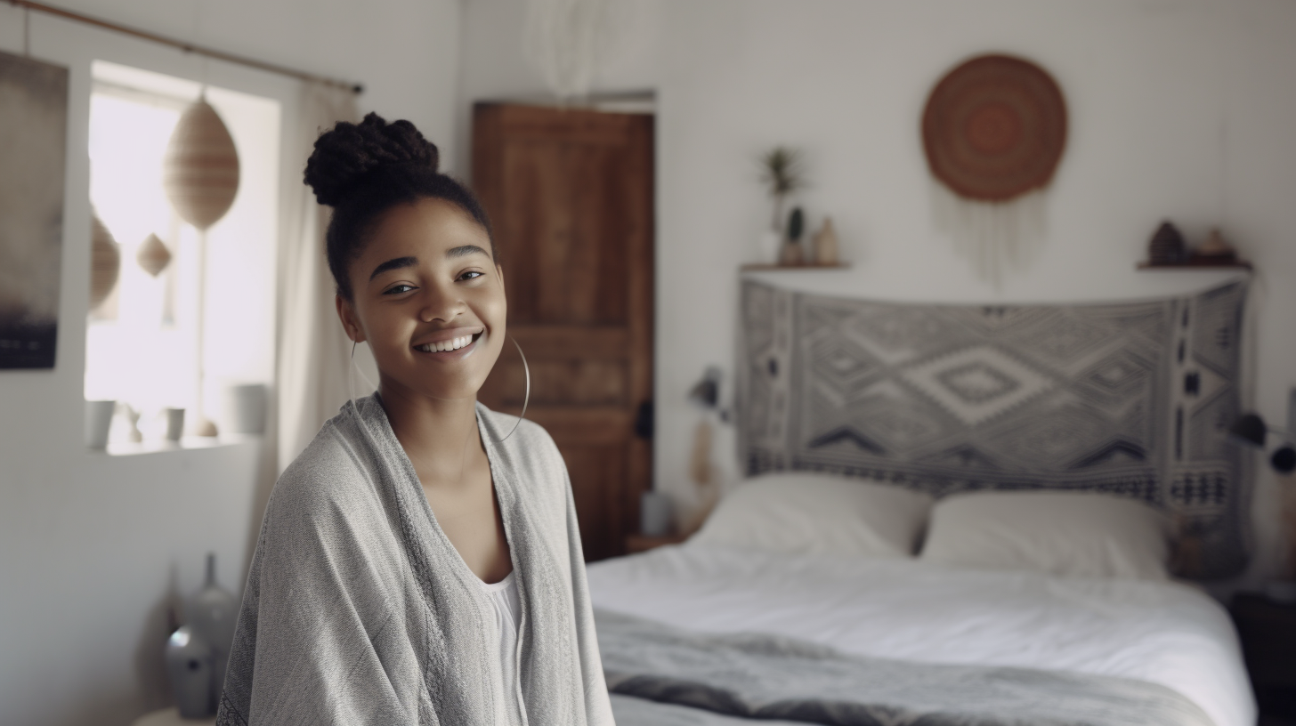 A Happy 30-Year-Old African Woman in Decorated Bedroom