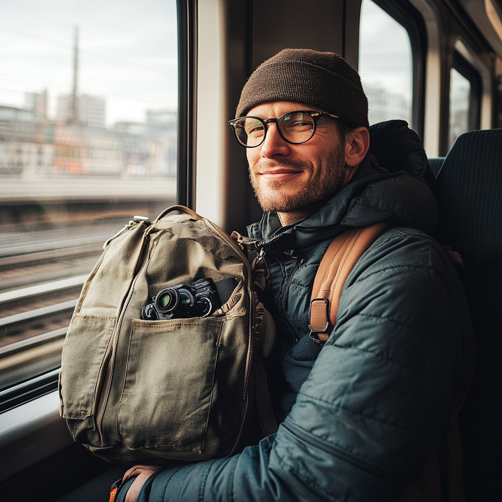 A Happy 35-Year-Old Videographer on the Train