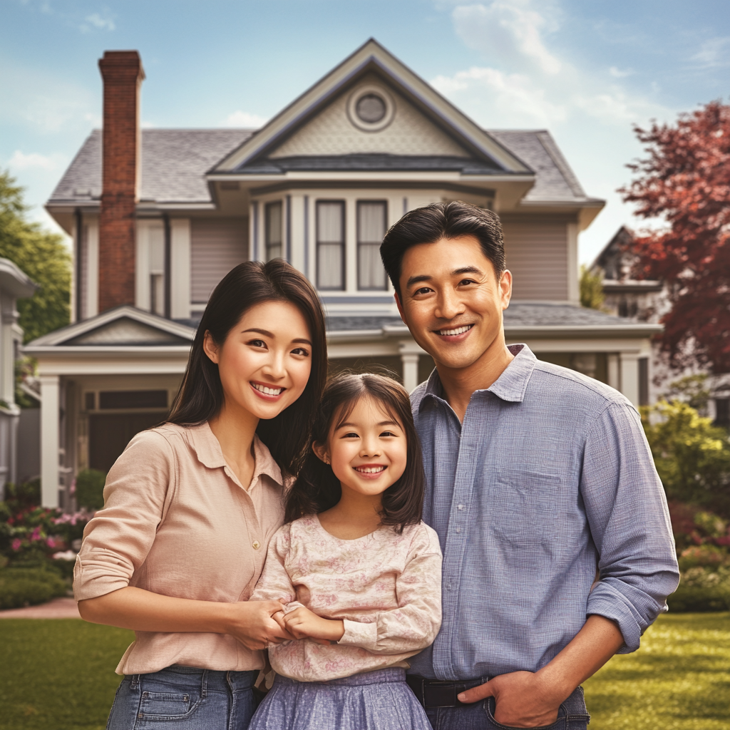 A Happy Asian Family Outside Western House