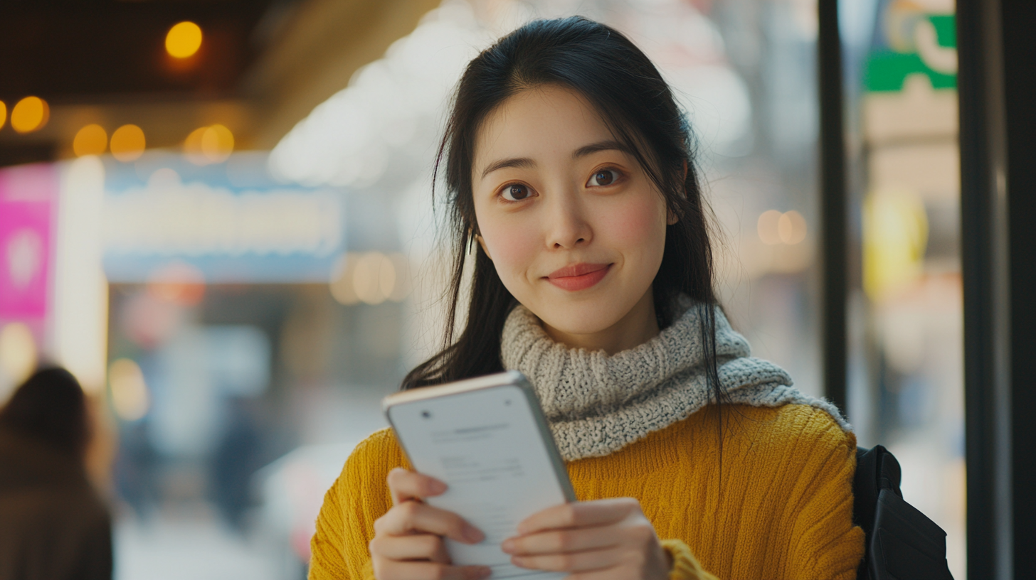 A Happy Asian Woman Managing Finances in Cafe