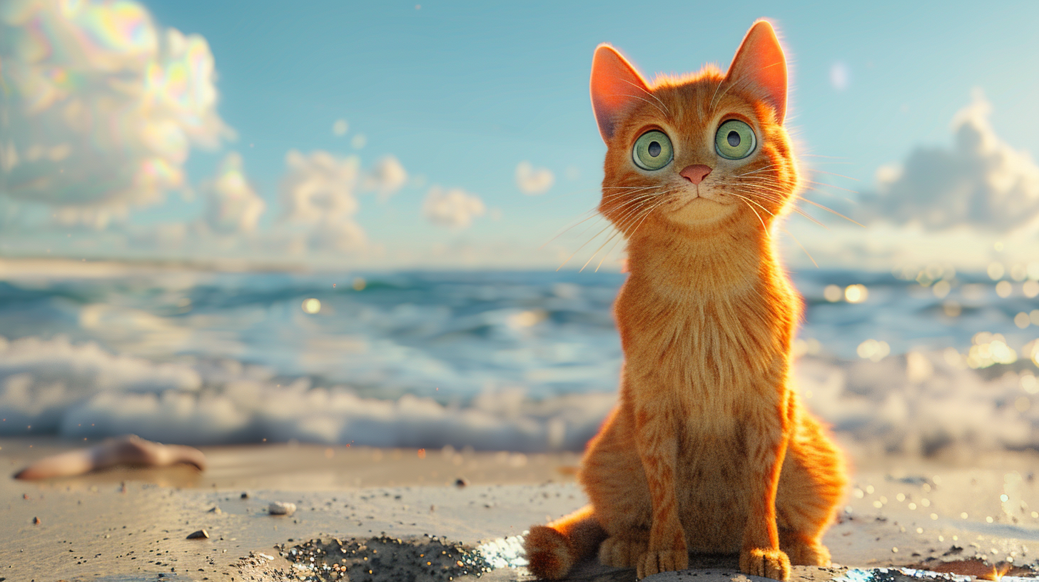 A Happy Beach Cat - an Orange Feline Joyous and Playful.