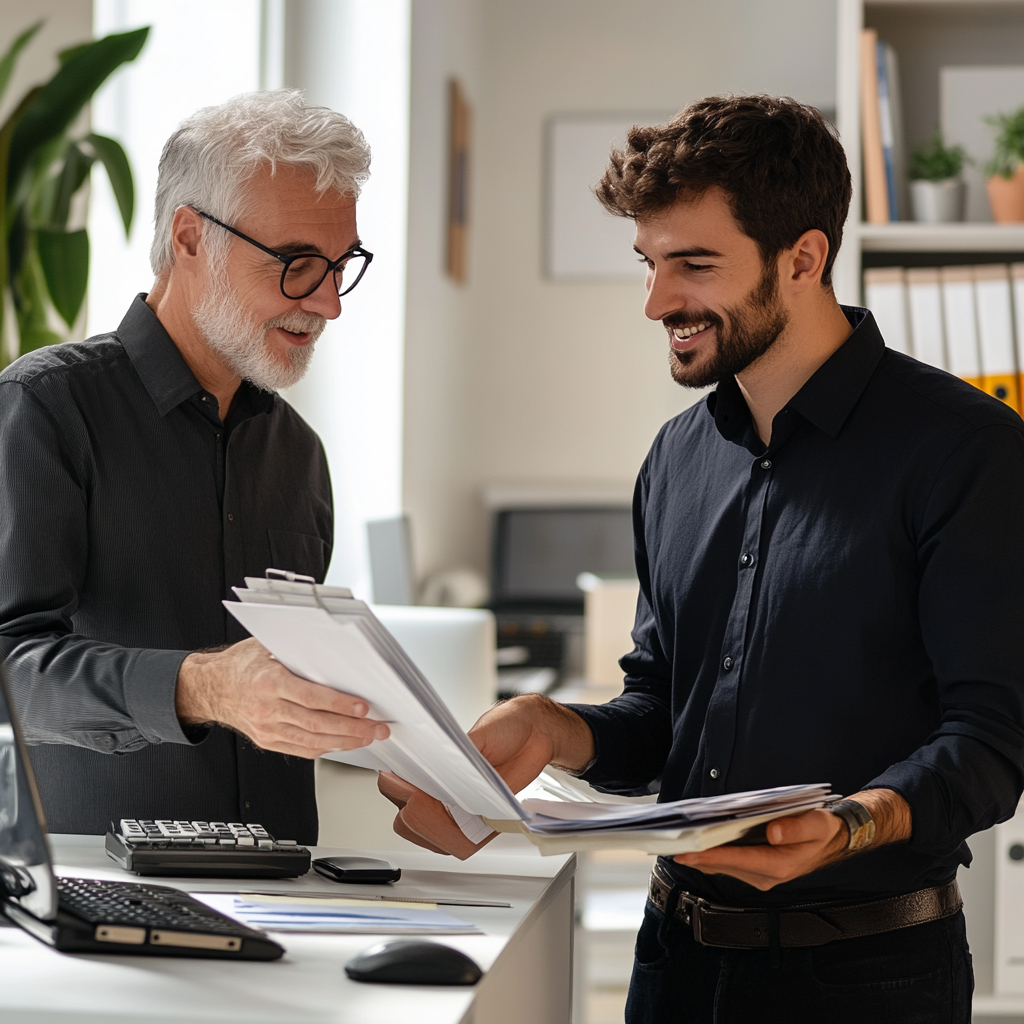 A Happy Bookkeeper Mentoring New Hire in Office