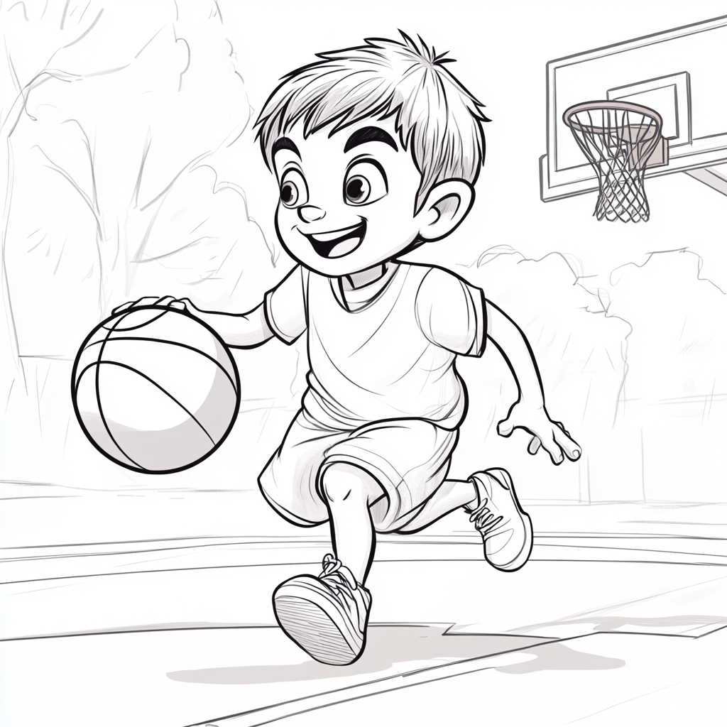 A Happy Boy Playing Basketball in Line Art