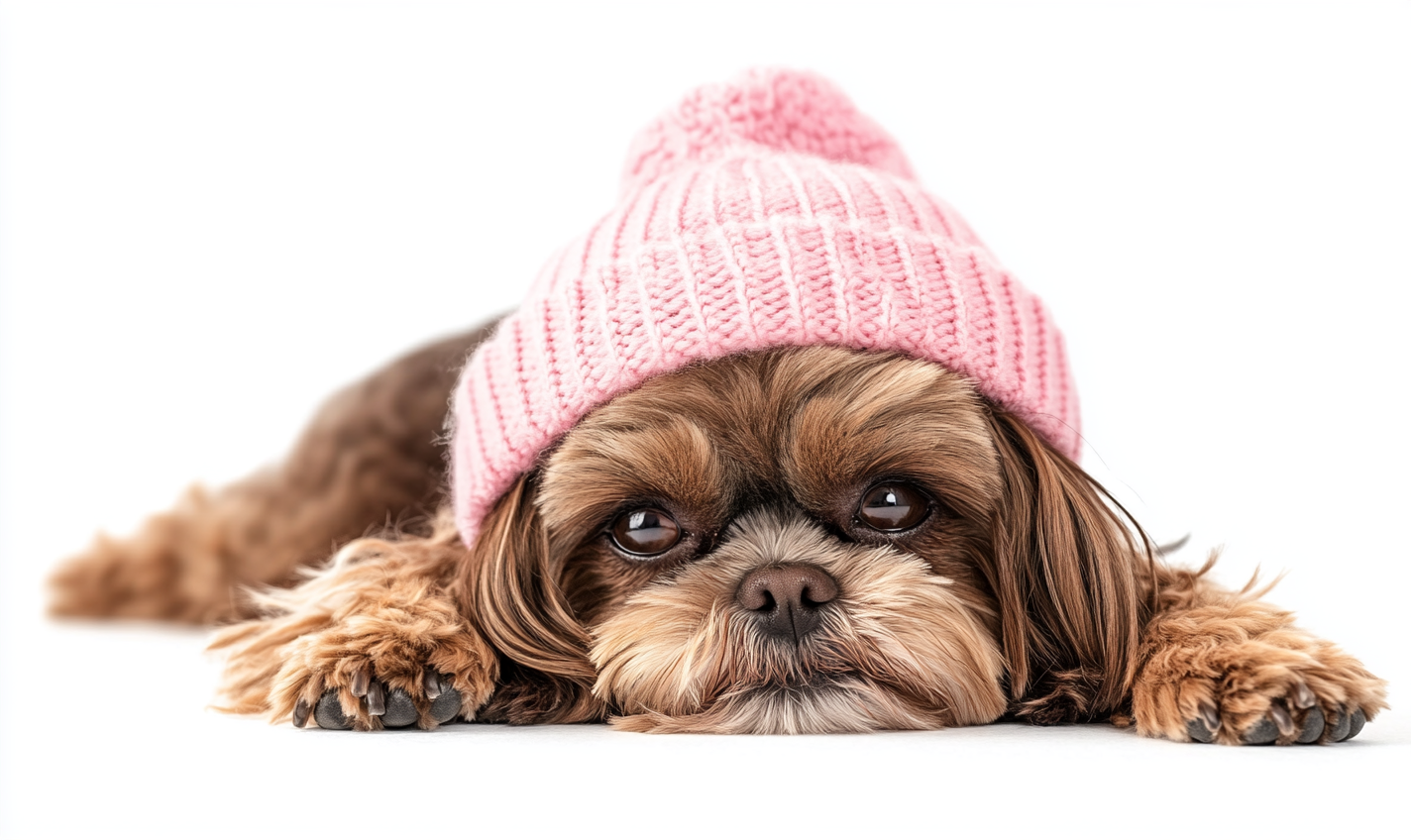 A Happy Brown Shih-Tzu Dog in a Pink Beanie