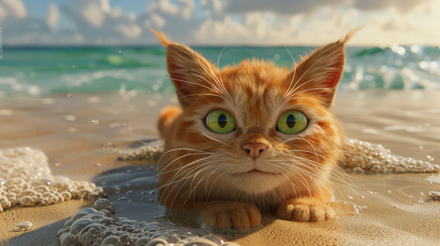 A Happy Cat Playing on the Beach