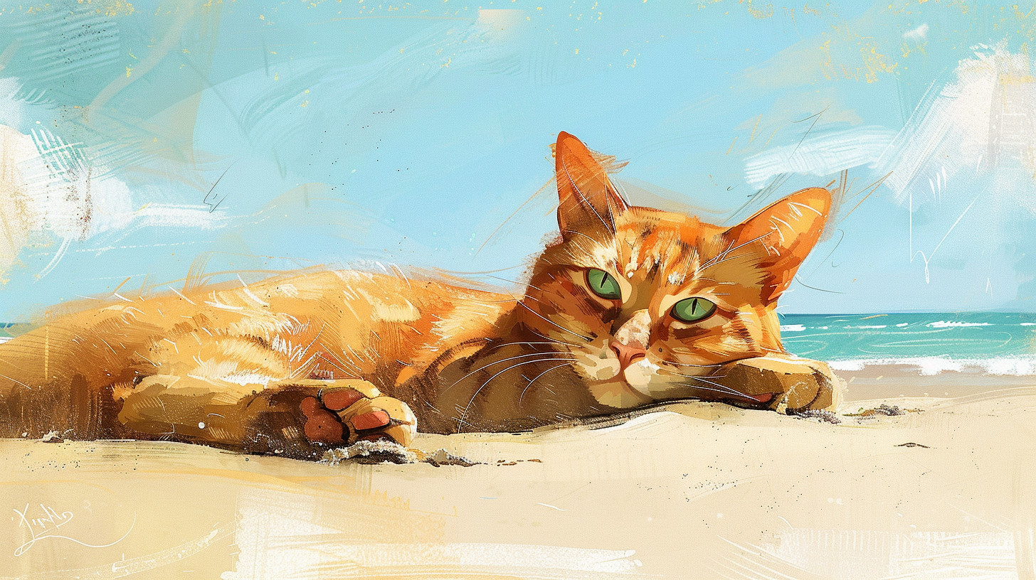 A Happy Cat Relaxing on the Beach