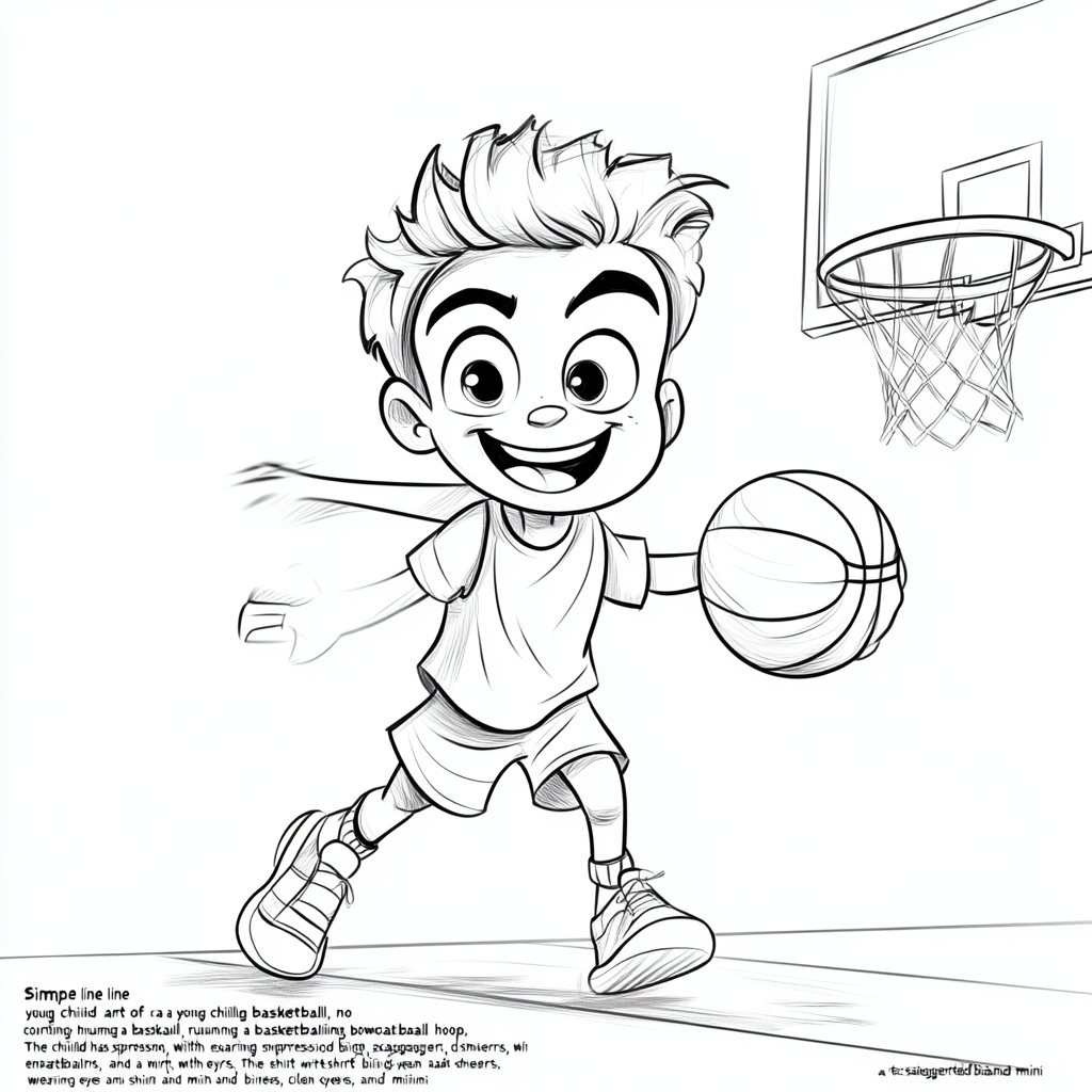 A Happy Child Playing Basketball in Line Art