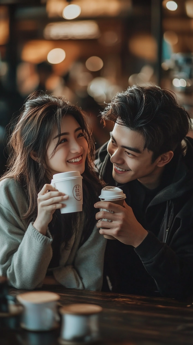 A Happy Couple Enjoying Coffee in a Café