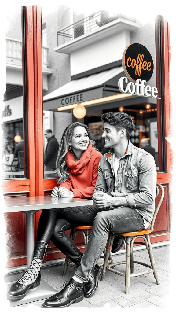 A Happy Couple at a Colorful Coffee Shop