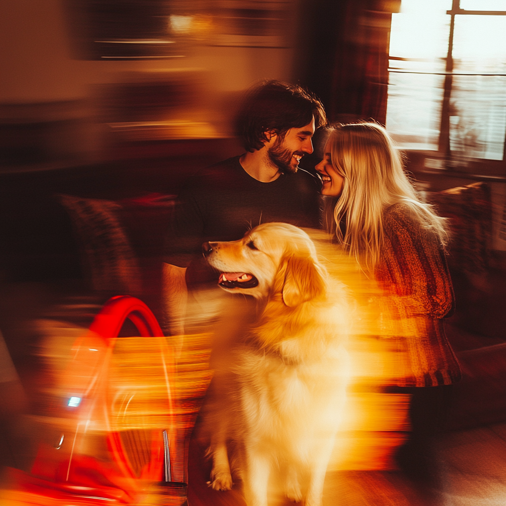 A Happy Couple with Dog in Blurry Room