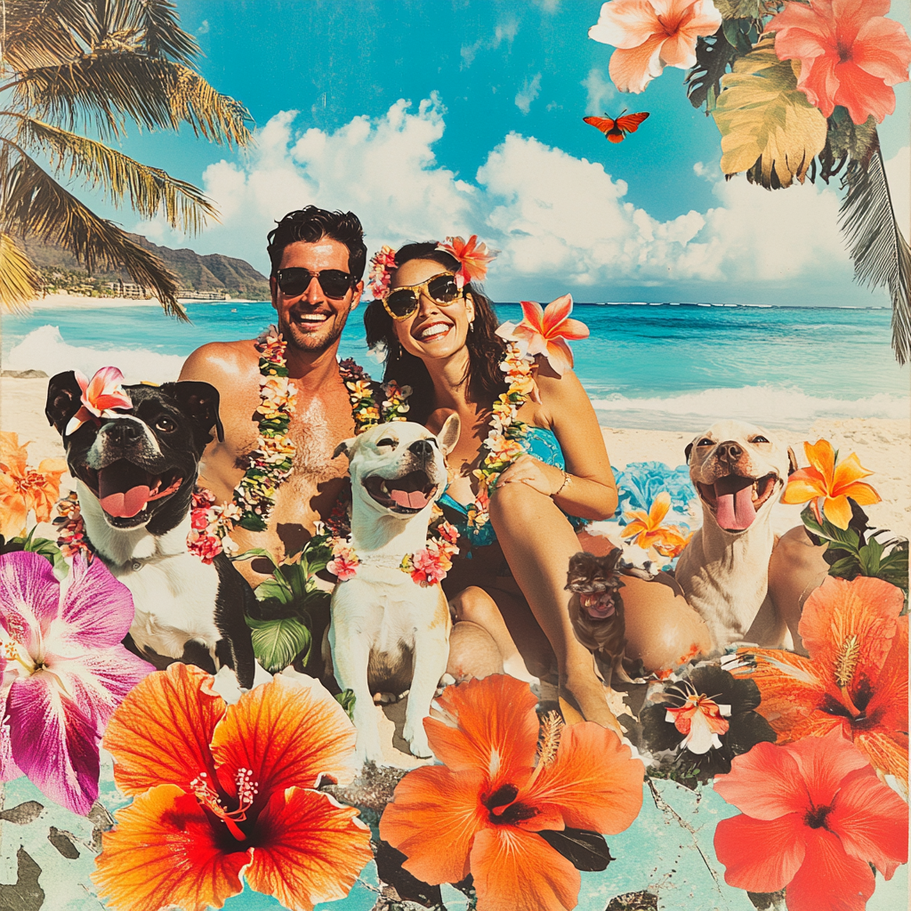 A Happy Couple with Pets on Hawaii's Beach