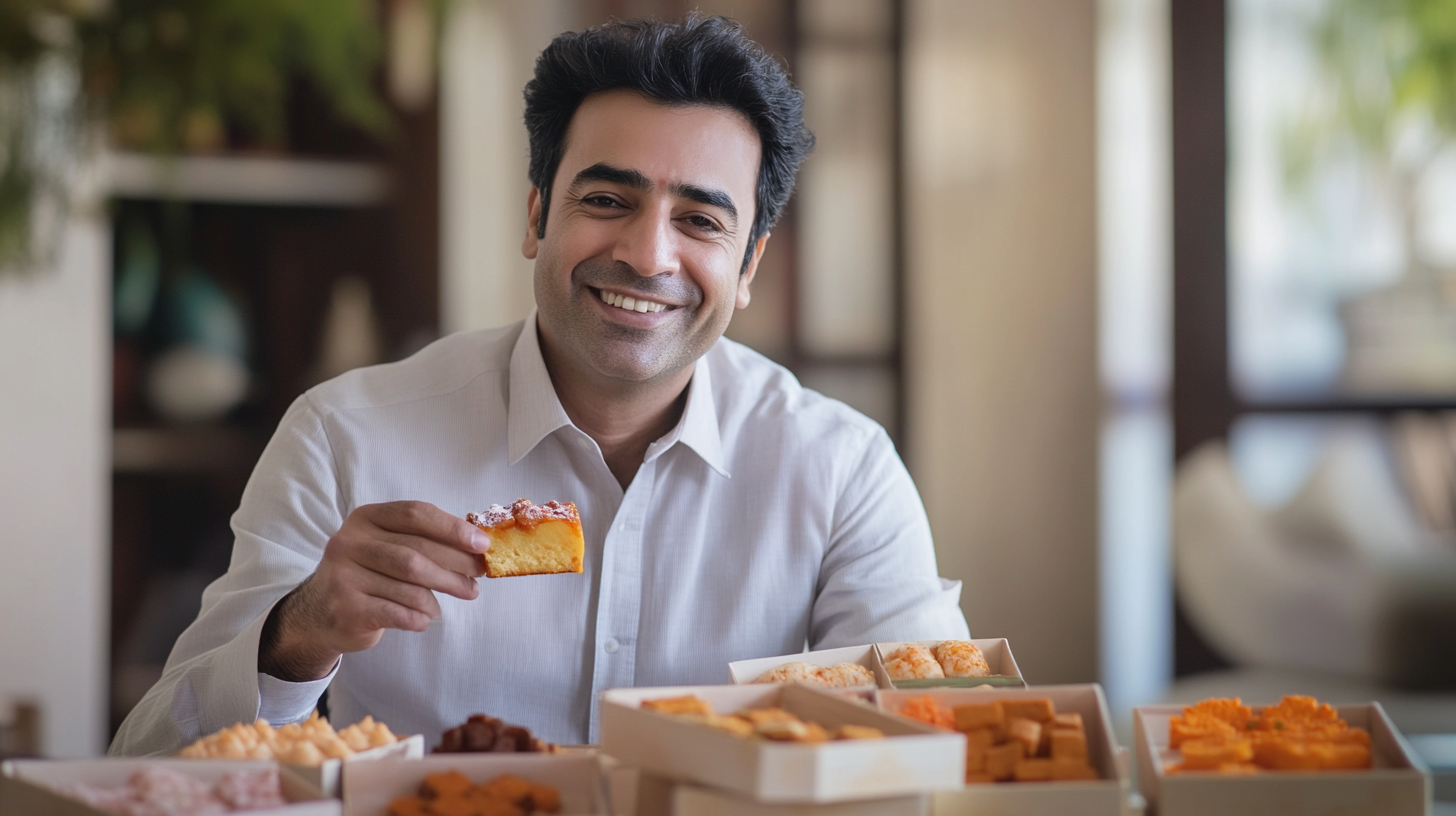 A Happy Dad Enjoying Indian Sweets at Home.