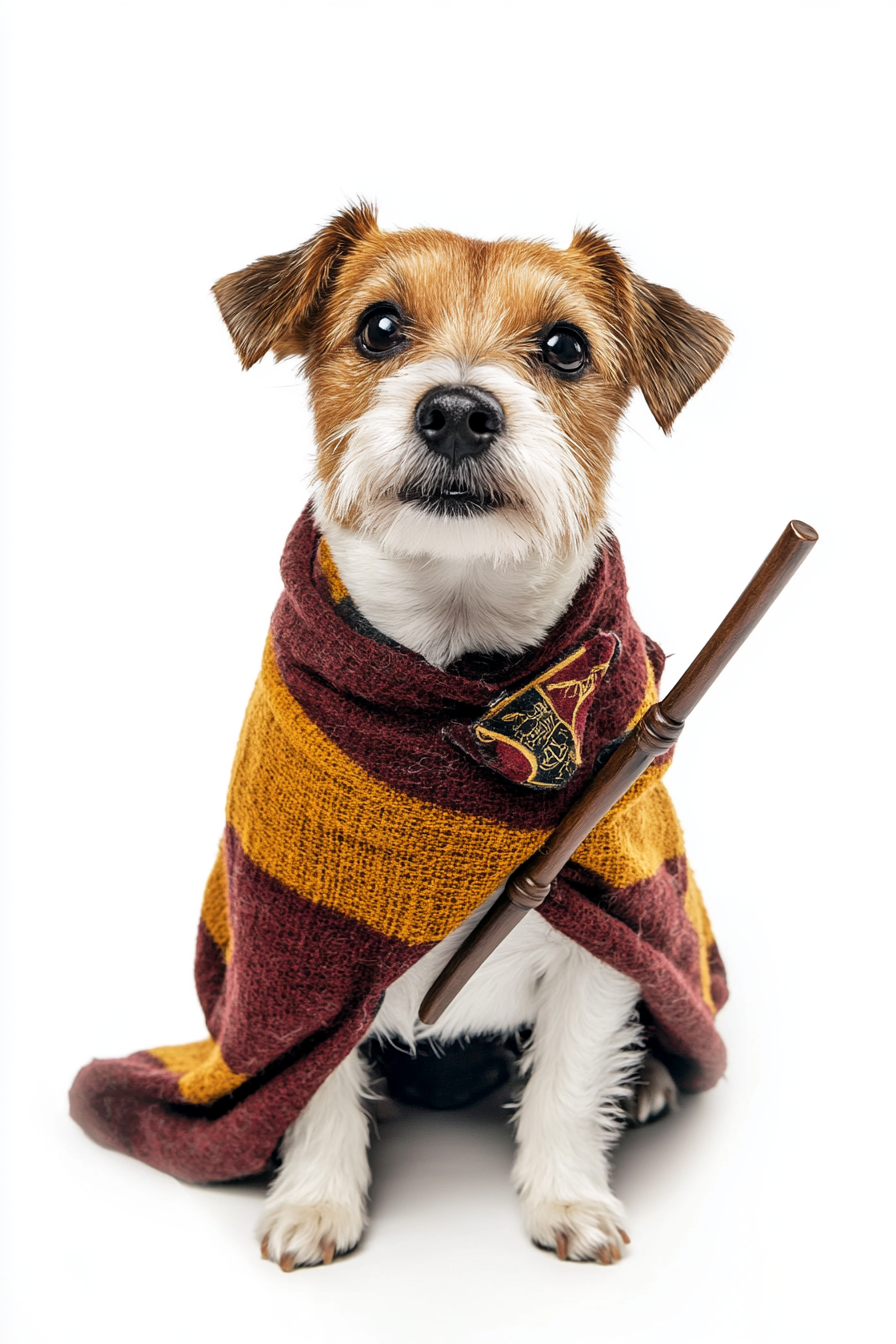 A Happy Dog in Harry Potter Costume