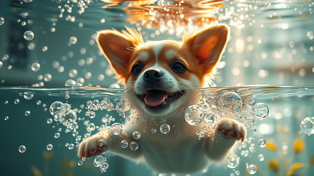 A Happy Dog in Water with Bubbles.