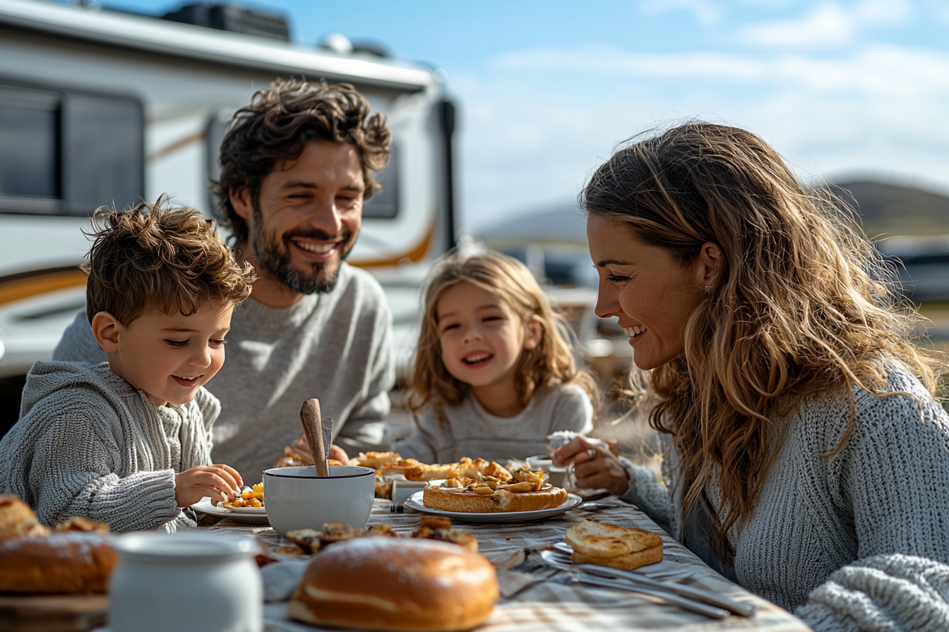 A Happy Family Having Breakfast Outside their RV.