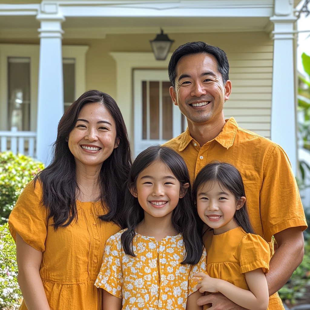 A Happy Family Outside Two-Story Western House