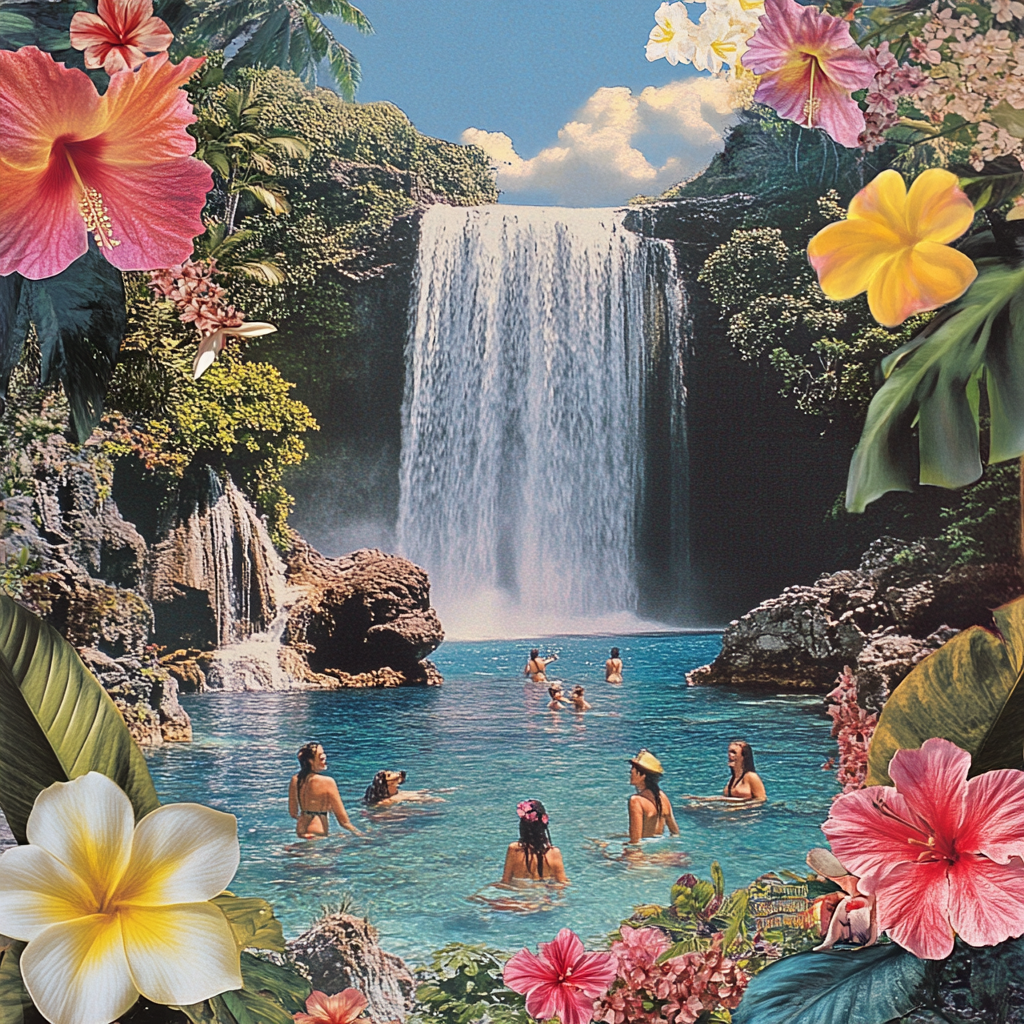 A Happy Family Visiting a Tropical Waterfall Garden