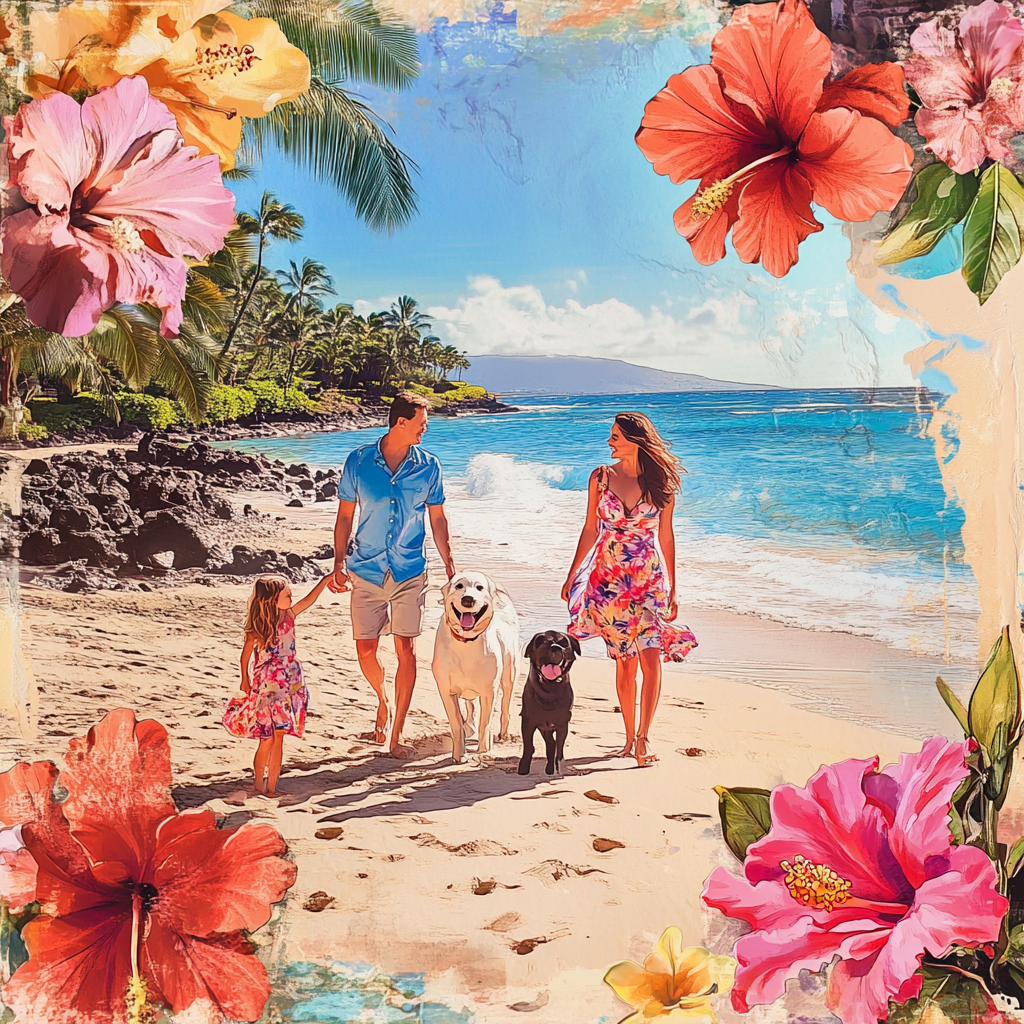 A Happy Family Walking on a Sunny Beach