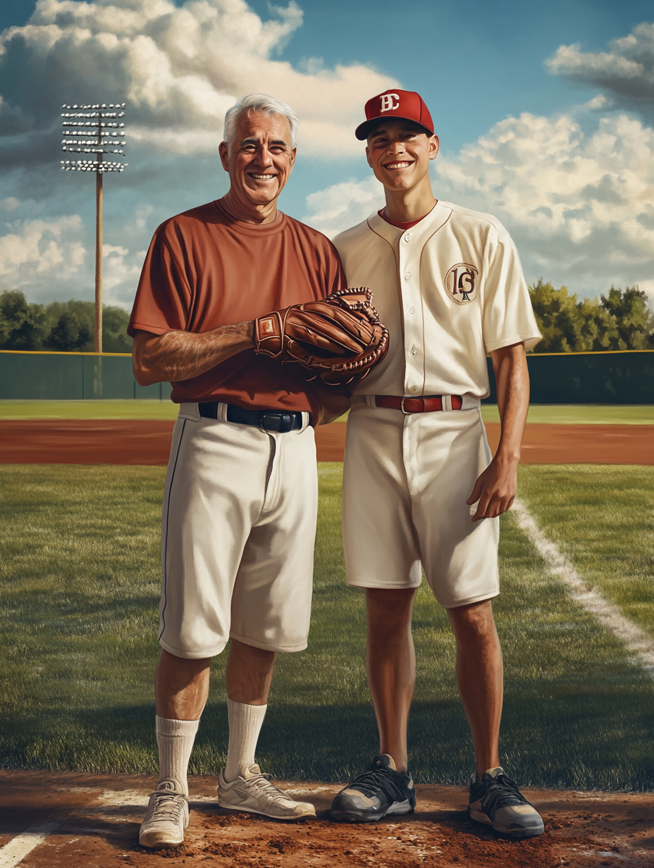 A Happy Father and Son at Baseball Field