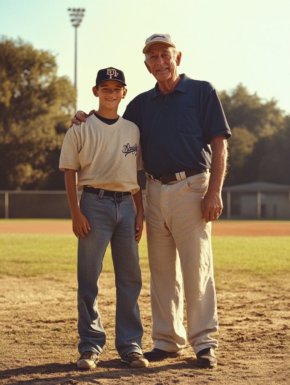 A Happy Father and Son at the Baseball Field