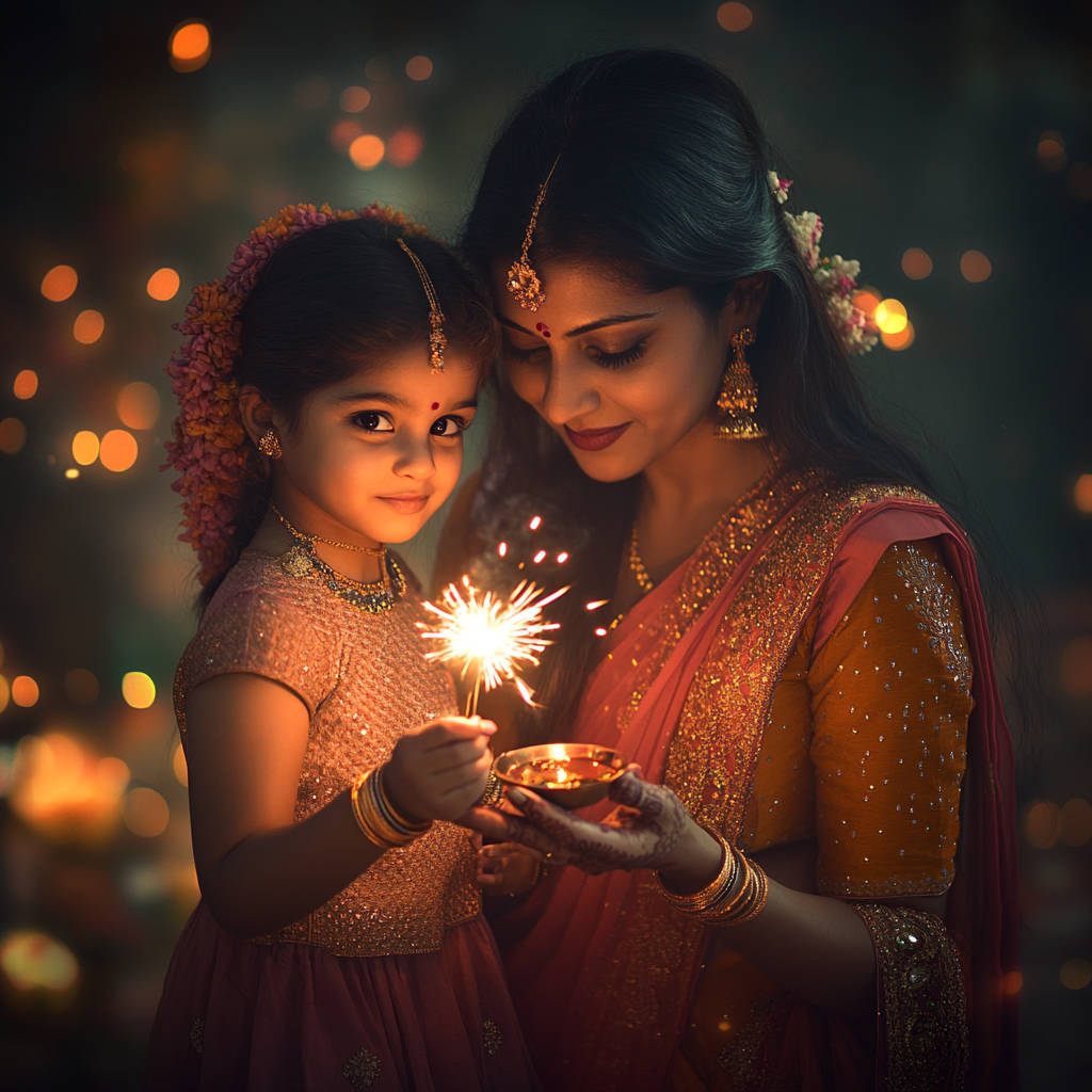 A Happy Indian Mother and Daughter Celebrating Diwali