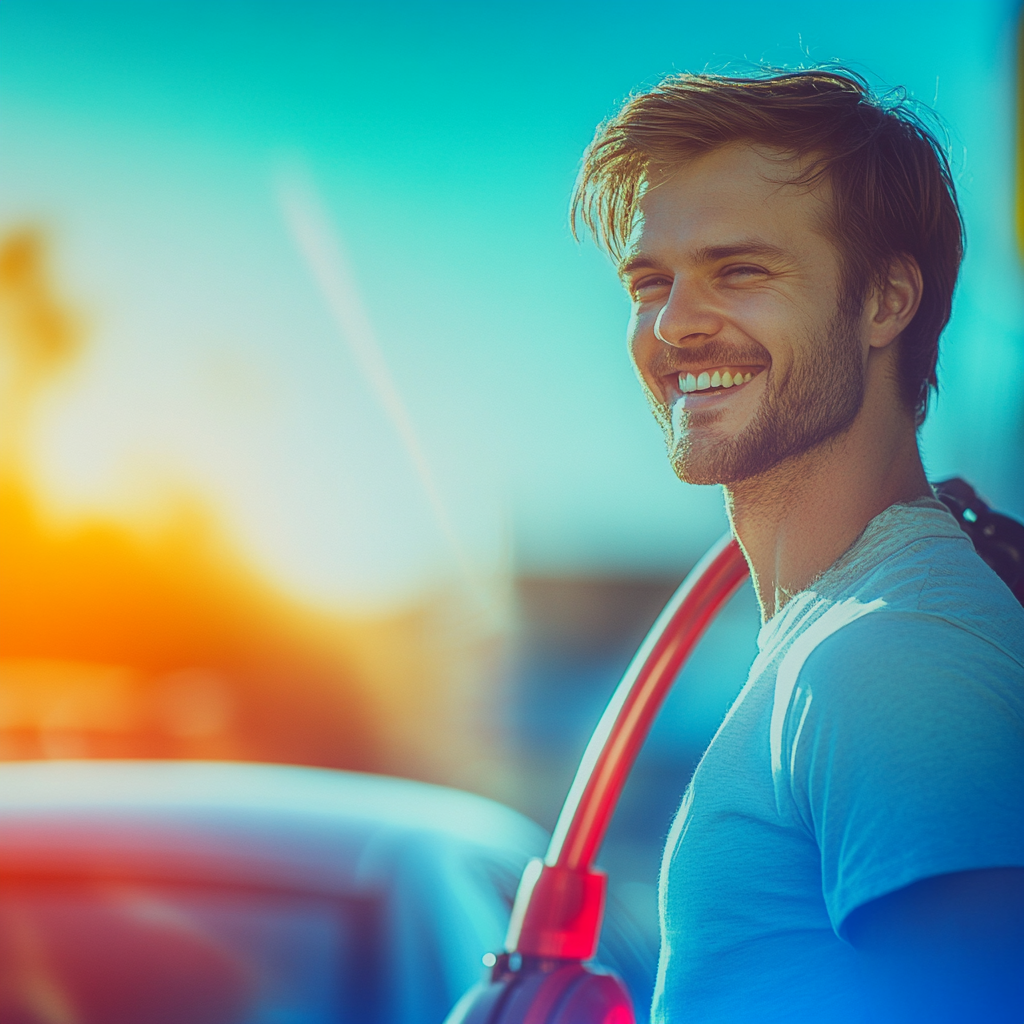 A Happy Man Beside Red Car in Summer