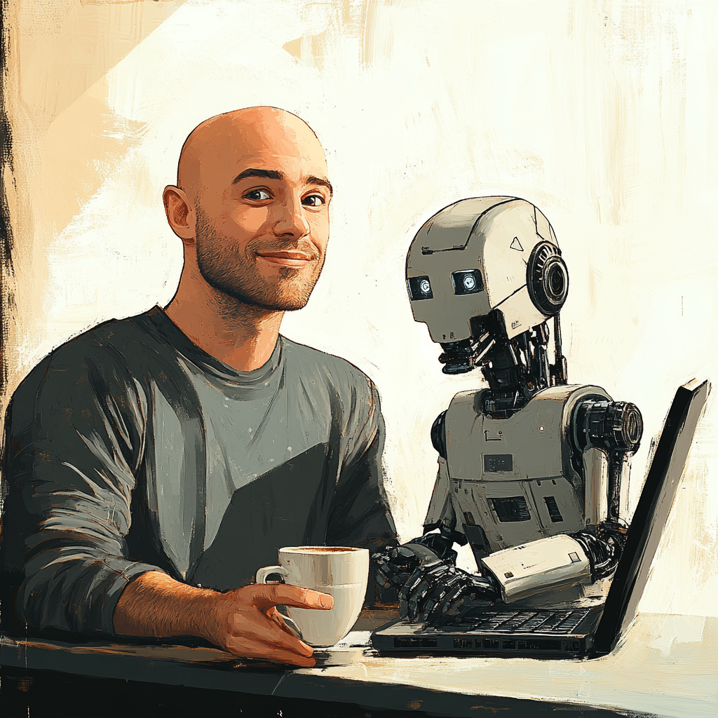 A Happy Man Surrounded by Coffee and Productive Robot