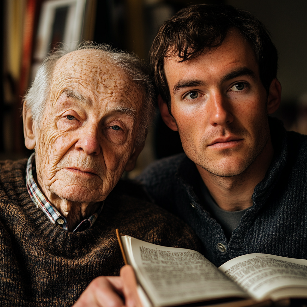 A Happy Man and Elderly Person Reading at Home