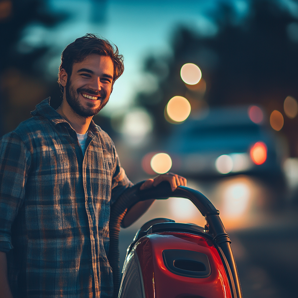 A Happy Man and Red Vacuum Cleaner