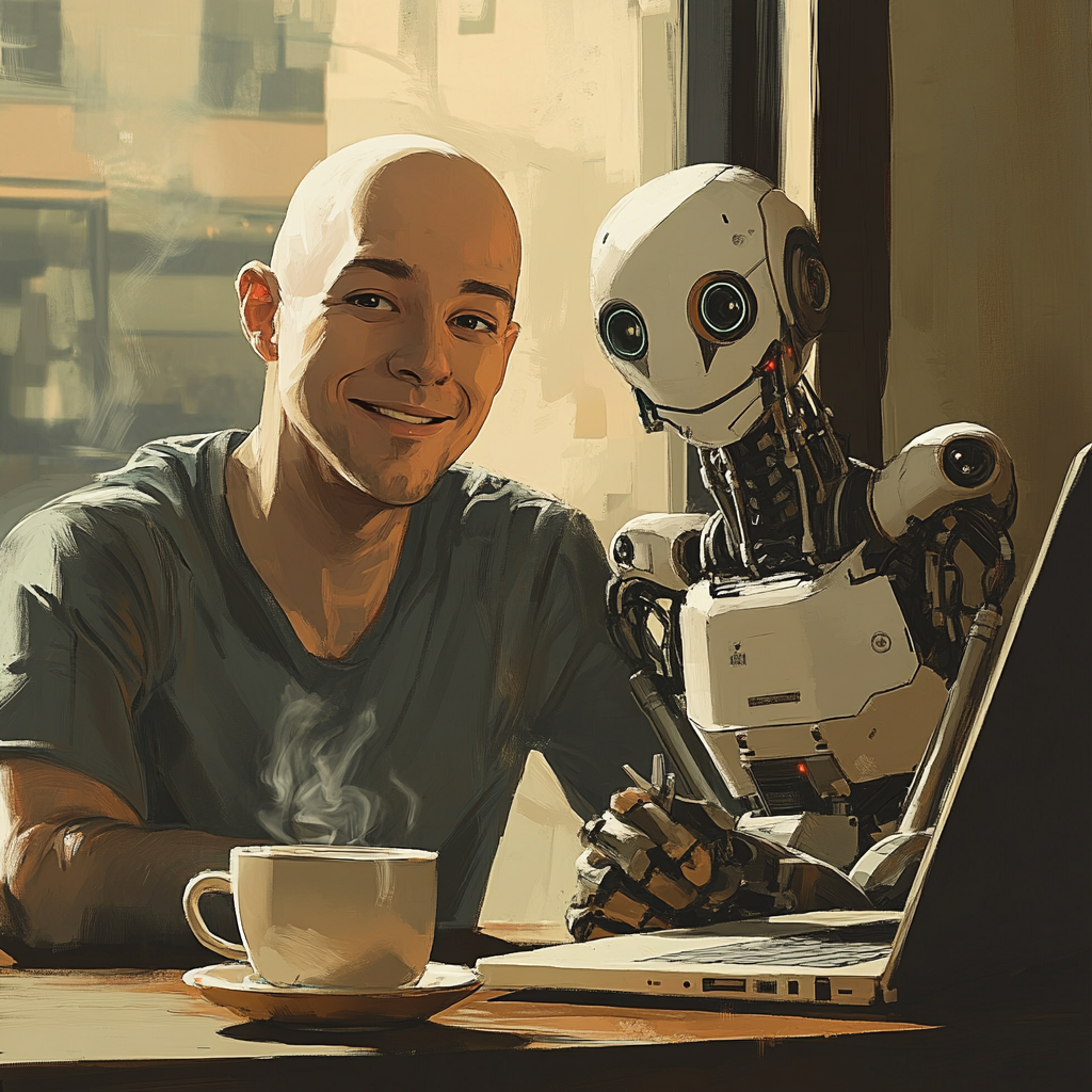 A Happy Man with Coffee and Robot Working