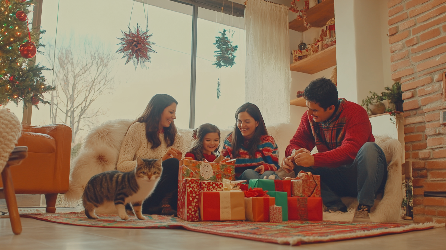 A Happy Mexican Family Opening Christmas Gifts