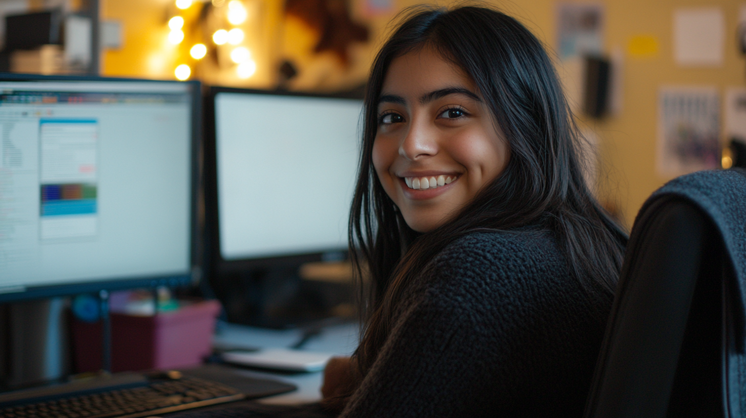 A Happy Mexican Woman Working in Office Space