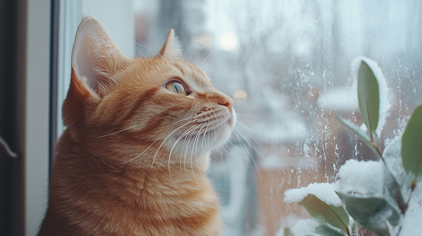 A Happy Tabby looking through the window at home