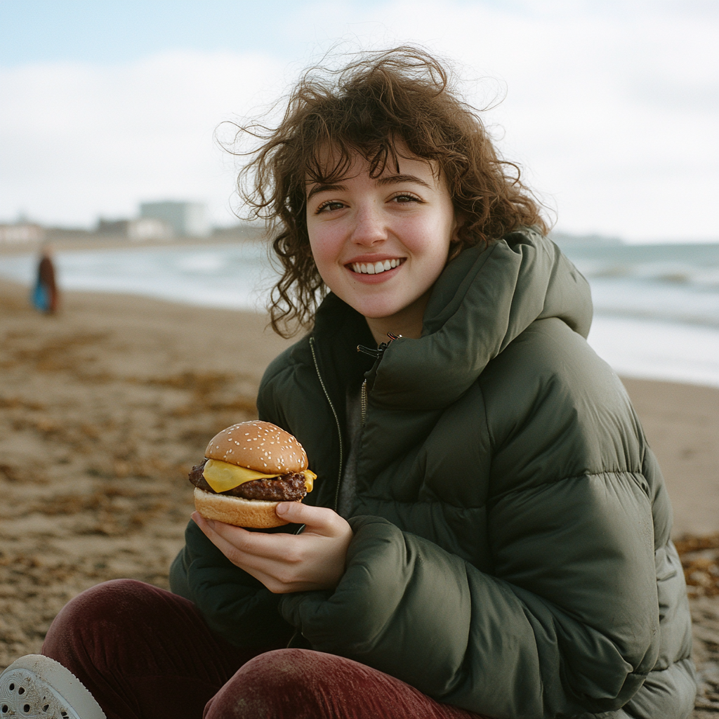 A Happy Young Woman Enjoying Burger on Beach