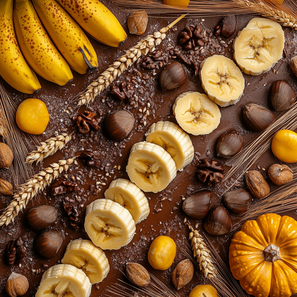 A Harvest Mix of Bananas, Chestnuts, Pumpkin, Wheat