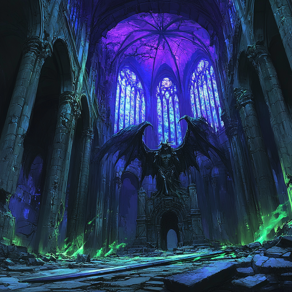 A Haunted Cathedral: Demon Statue and Stained Glass