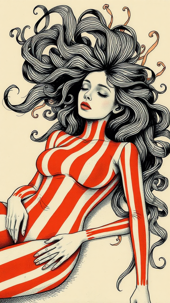 A Haunting Figure in Red and White Waves