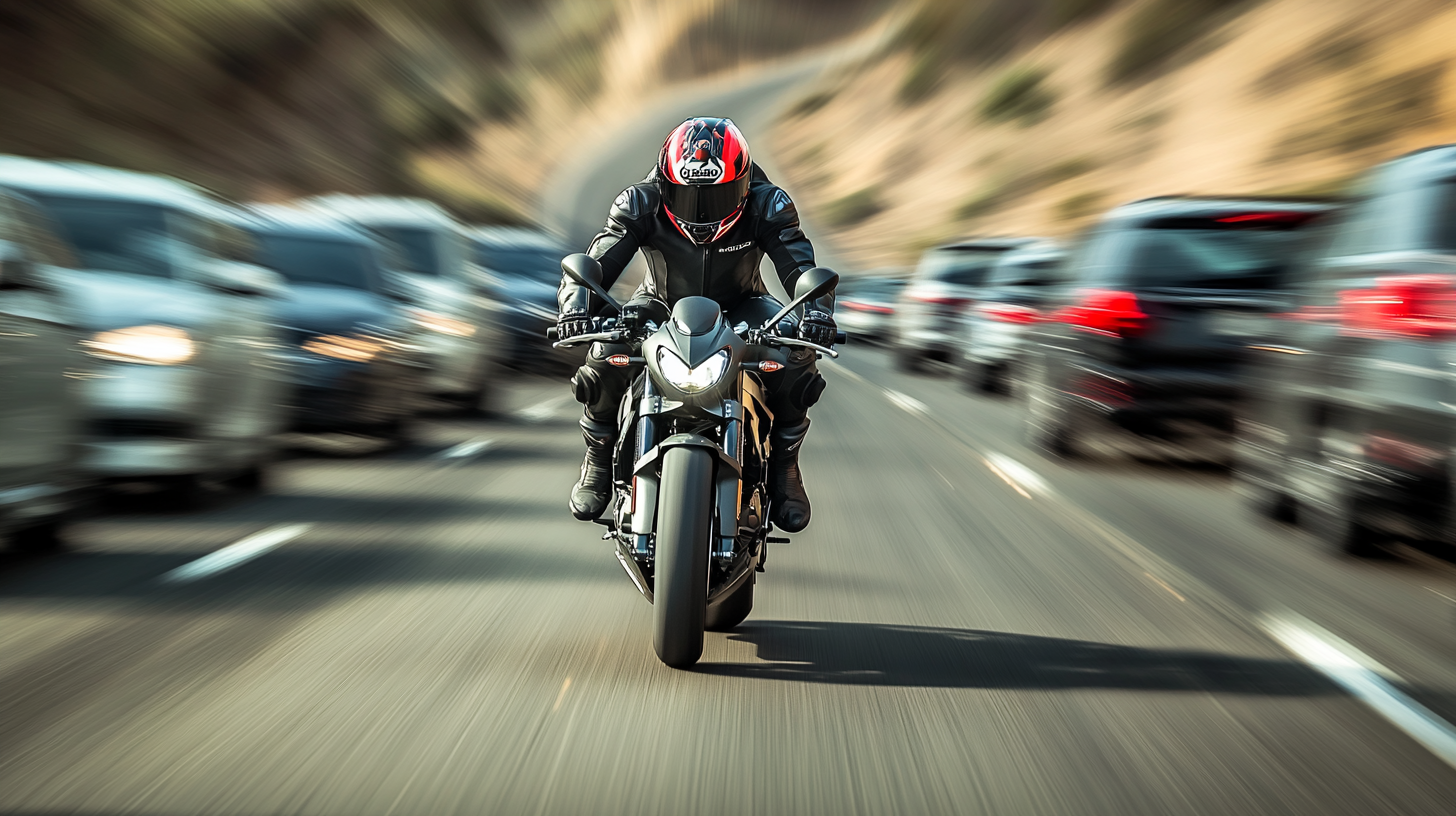 A Helmeted Motorcyclist Racing Between Rows of Cars