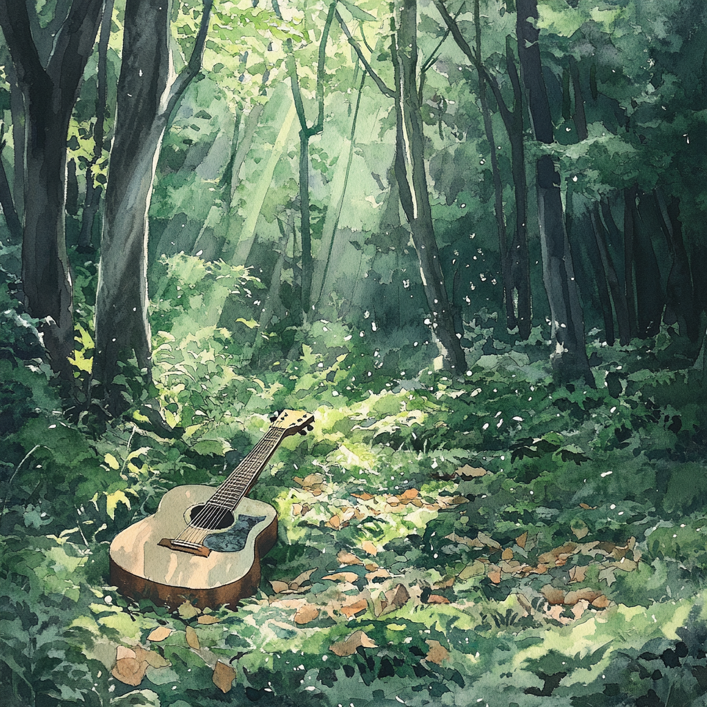 A Hidden Guitar in Enchanted Forest, Watercolor Style.