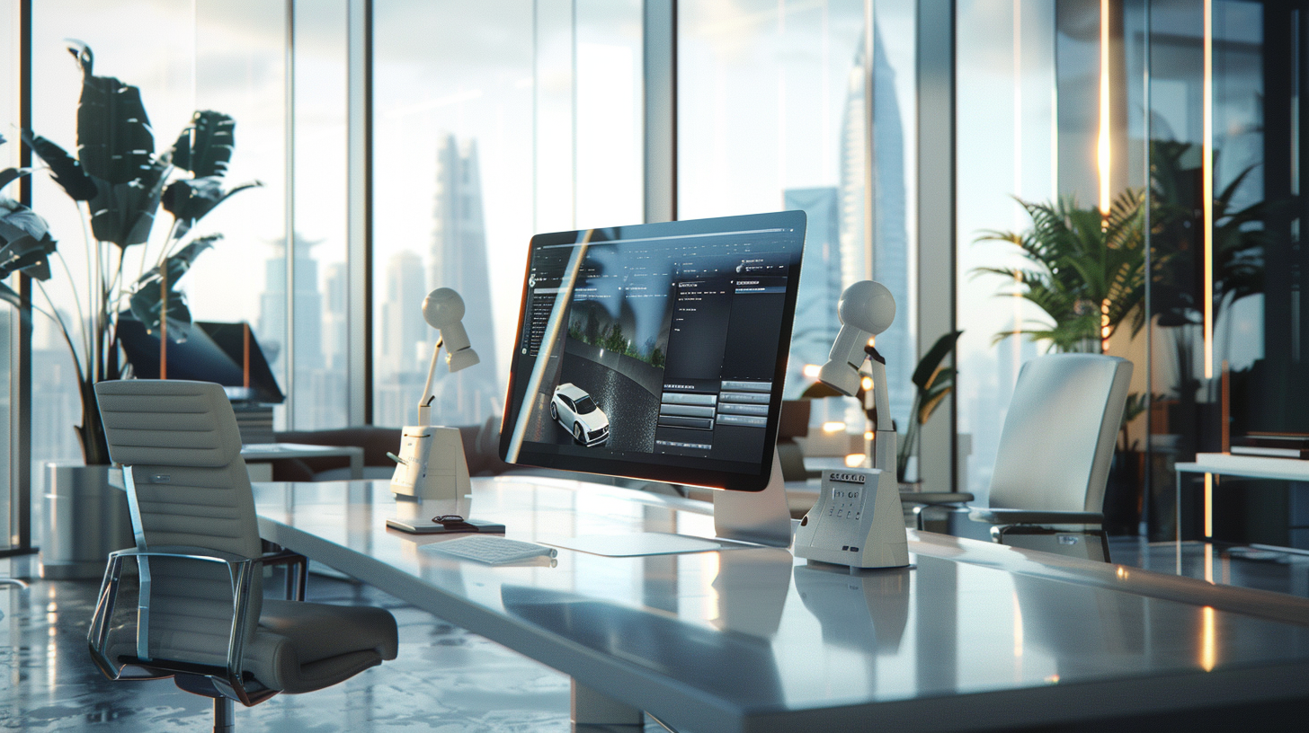 A High-Tech AI Bot in Luxury Real Estate Office.