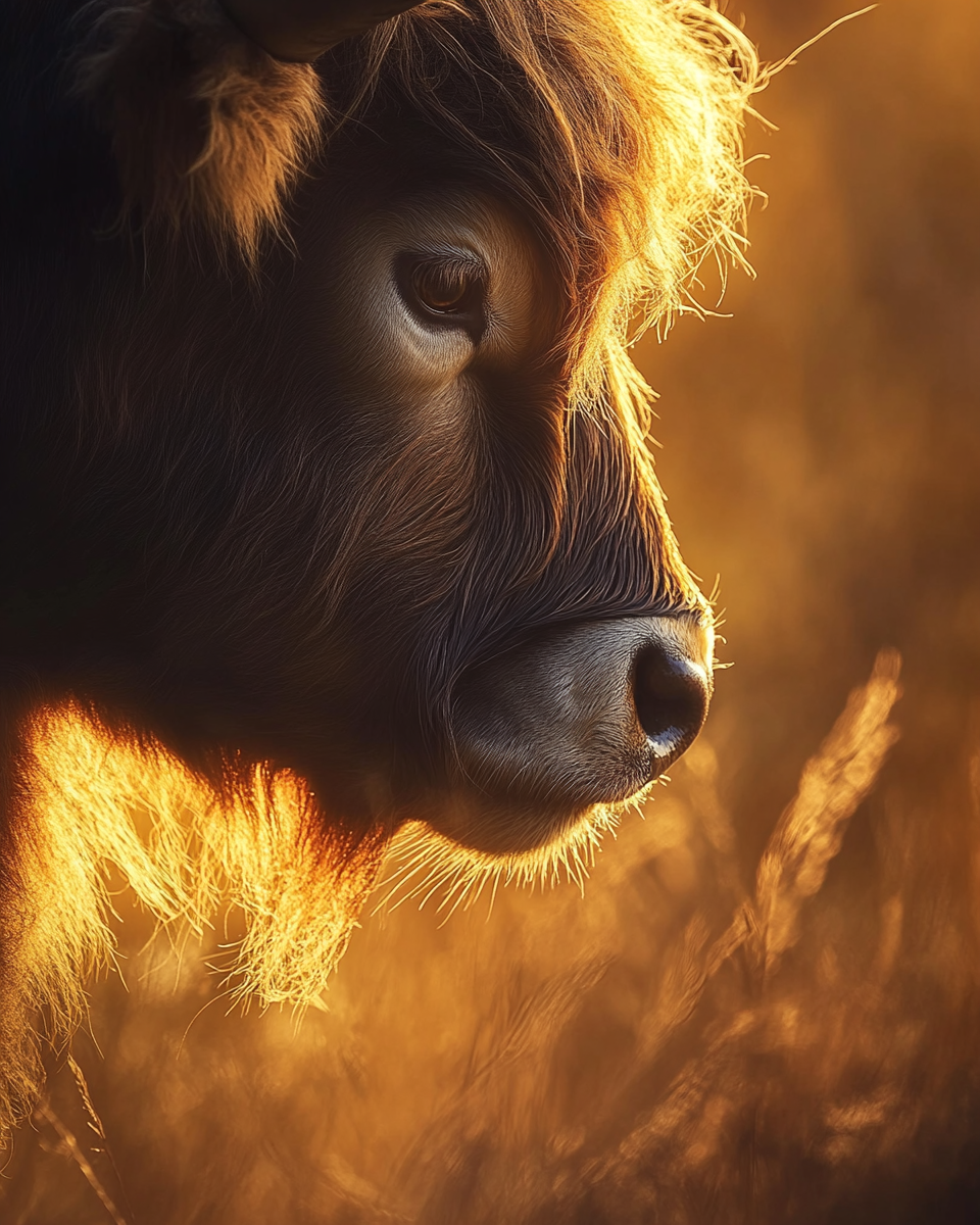 A Highland cattle bull with detailed fur and golden light.