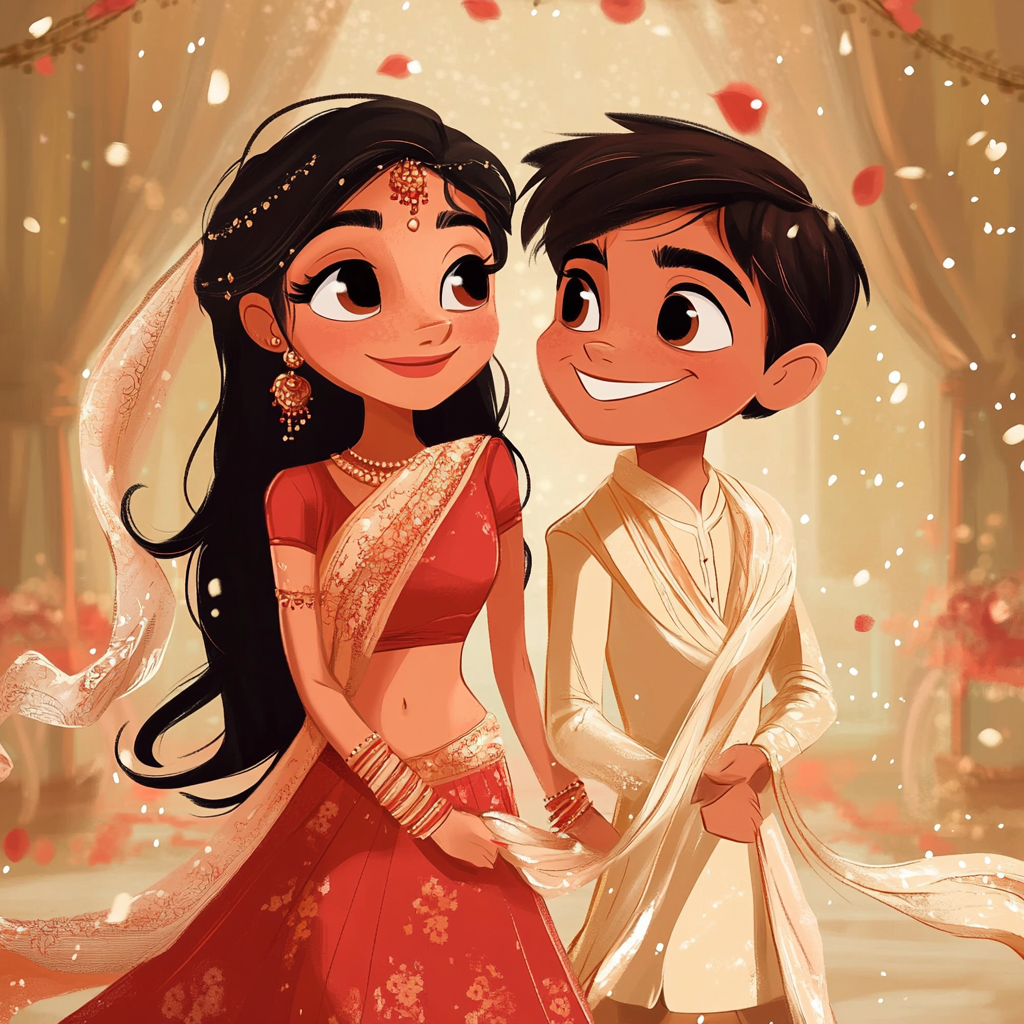 Disney Style Indian Bride and Groom Illustration