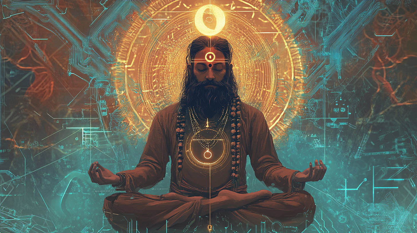 A Hindu sage meditates with digital circuitry